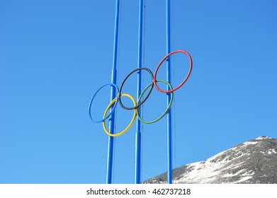 Chukotka, Russia - March 29, 2016: Olympic Rings On A Background Of Mountains