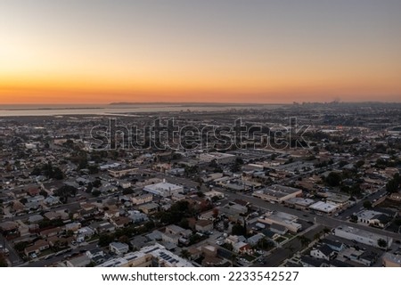  Chula Vista, a town in San Diego County, California, aerial view with downtown and Point Loma in distance. 