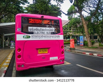 Chulalongkorn University, Bangkok Thailand, May 30, 2019: The Pink Electric Shuttle Bus Is Parked At The Station, Transport Service,campus Traffic,clean Energy Concept.