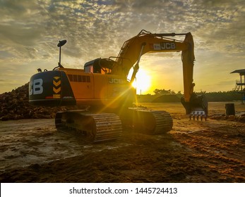 Chumphon, Thailand, July 7 2019. Excavators brand logo JCB for construction Parked in the courtyard area within the factory