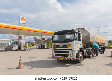 Chumporn, 15 October 2015: Shell Oil Truck  In Shell Gas Staion,Chumporn Province, Thailand. Royal Duch Shell Is Largest Oil Company In The World