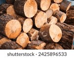 chunk pine log firewood stashed for cold winter ready for fire place or fire pit snow season