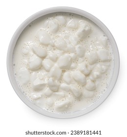 Chunky cottage cheese in cream in white ceramic bowl isolated on white. Top view.
