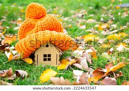 Chunky pompon hat placed on a small toy house on a green lawn covered with pigmented autumn leaves.