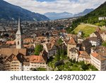 Chur, Switzerland: Aerial drone view of the Chur old town in Canton Graubunden in the alps in Switzerland in summer