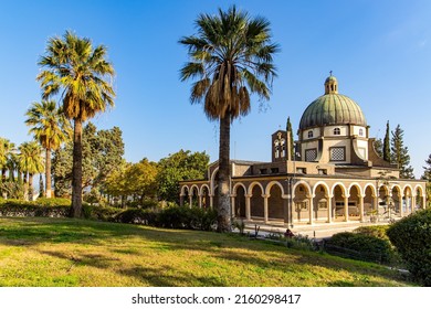 The Church of the Beatitudes is a Catholic church of the Italian Franciscan convent on the Mount of Beatitudes. Magnificent monastery surrounded by columns and slender tall palms 