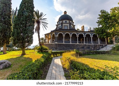 The Church of the Beatitudes is a Catholic church of the Italian Franciscan convent on the Mount of Beatitudes. Magnificent monastery surrounded by columns and slender tall palms and cypresses