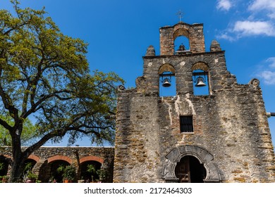 The Church And Bell Tower At Mission San Francisco De La Espada, San Antonio, Texas, USA