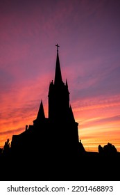 Church Building Exterior In Silhouette Of  Landscape Sunset 