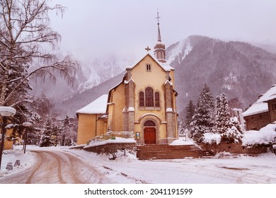 Church In Chamonix, France, French Alps In Winter