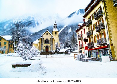 Church In Chamonix, France, French Alps In Winter, Street View And Snow Mountains