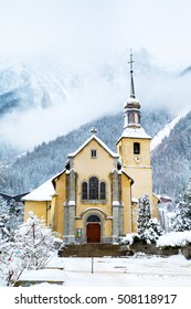 Church In Chamonix Town, France, French Alps  In Winter