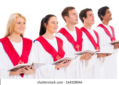 Church Choir Members Holding Hymn Books And Singing