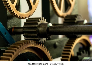 Church clockwork. The gear mechanism of a large old tower clock. Antique large clock mechanism with gears and cogs after restoration