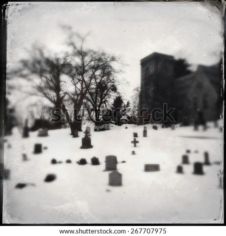 Church graveyard in winter tintype