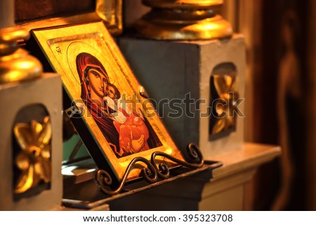 Church icon of Mother of God (Mary) and child (Jesus Christ) symbols christianity