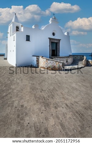The church of the Madonna del Soccorso is a religious architecture located in Forio in Italy. Island of Ischia. Square with white church.
