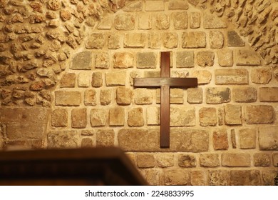 A church in Mardin, wooden cross sign on stone wall, Mardin Protestant Church 2020, Mardin, Turkey (Turkey)	
