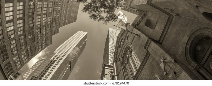 Church And Modern Skyscrapers In Hells Kitchen, New York CIty.