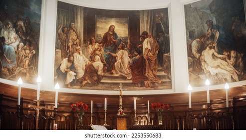 Church Mural Paintings Depicting the Lord Jesus Christ Having the Last Supper with the Disciples and His Death. Images Telling the Christian Stories and Religious Events According to the Holy Bible