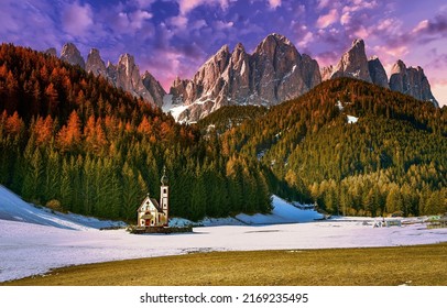 Church near the forest at the foot of the mountains. Mountain church in valley. Church in mountain valley. Mountain forest church landscape