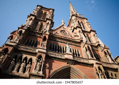 Сatholic church in neogothic architectural style called Iglesia del Sagrado Corazon de Jesus or Iglesia de los Capuchinos located in Cordoba, Argentina.Exterior with statues of catholic saints