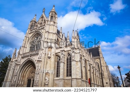 Church of Our Blessed Lady of the Sablon, or Eglise Notre Dame du Sablon in Brussels, Belgium. 15th century Catholic church with baroque chapels and Gothic architecture in the Sablon district.
