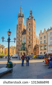 Church Of Our Lady Assumed Into Heaven (Saint Mary's) Is Brick Gothic Church Adjacent To Main Market Square In Krakow (Cracow), Poland - September 2018. The Best Examples Of Polish Gothic Architecture