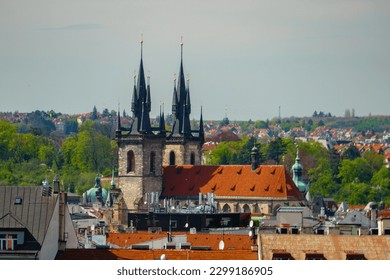 Church of Our Lady before Týn - Church in Prague Old Town Square. View from the distance from Vinohrady district. Unusual view angle. 