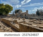 Church of Panayia Chrysopolitissa in Paphos, Cyprus. Near the column at which St. Paul the Apostle was scourged in Paphos, Cyprus. The platforms were made for the arrival of Pope Francis