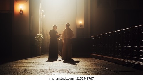 In The Church, A Priest And Pope Share A Conversation Of Faith, Reverence, And Hope, Connecting With Power Of Christianity, Discussing Gospels and Teachings of Jesus Christ and Holy Book