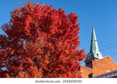 church and red maple scenery in Staunton