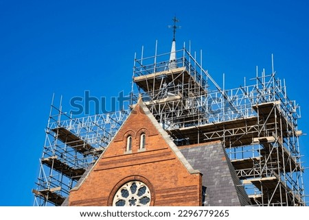Church roof repairs with scaffolding