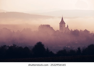 Church Rural Church silhouette in autumn calm morning fog - Powered by Shutterstock