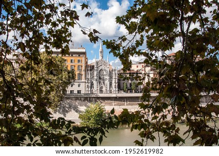 The Church of the Sacred Heart of Suffrage On The Banks Of The River Tiber In Rome Italy. Chiesa Sacro Cuore del Suffragio is a catholic church in the centre of Rome