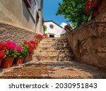 Church san Rocco view at Limone sul Garda with old and traditional architecture