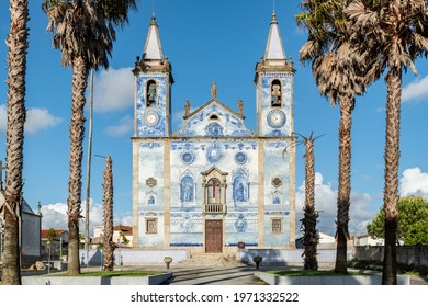 Church Santa Marinha in Cortegaca - Ovar, Portugal. View at the azulejo decoration facade.