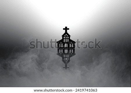 Church silhouette. Specular light, on grey gradient background, with fog in foreground