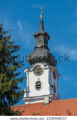 Church spire with clock, Catholic monastery church Altomünster, built in 1763 by Michael Fischer, Altomünster, Bavaria, Germany