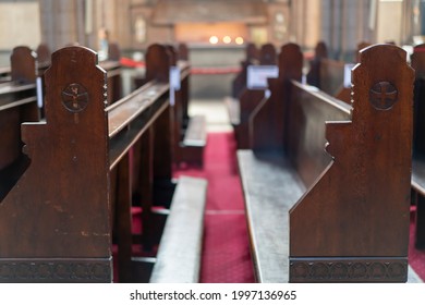 Church of St. Anthony of Padua, in Beyoglu, Taksim (turkish: Sent Antuan Kilisesi). Empty church wooden bench. Cathedral pews. - Shutterstock ID 1997136965