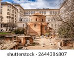 The Church of St. George Rotunda in Sofia, Bulgaria – a red brick early Christian rotunda dating back to the 4th century, surrounded by ruins of ancient Serdica and modern government buildings. This h