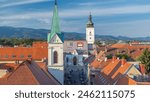 Church of St. Mark timelapse and parliament building Zagreb, Croatia. Top view from Kula Lotrscak tower viewpoint