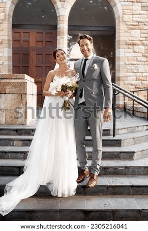 Church steps, wedding and portrait with a married couple standing outdoor together after a ceremony of tradition. Love, marriage or commitment with a man and woman outside, happy as bride and groom