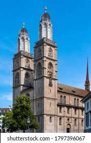 Grossmünster Church - Temple Of Zurich. Temple Towers.Bright Blue Sky.