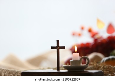 Church Thanksgiving Fruit Decoration And Background With Candles And Cross Of Jesus
