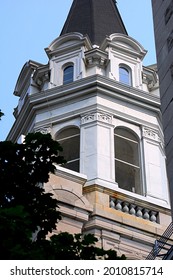 Church Tower In Montreal. Low Viewpoint Perspective. 