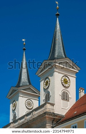 Church towers with tower clock, Basilica St. Quirin, Tegernsee Monastery, Tegernsee, Upper Bavaria, Bavaria, Germany