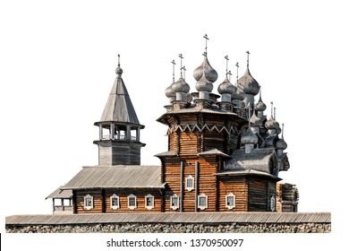 The Church of the Transfiguration (Kizhi Island, Russia) isolated on white background. The church has 22 domes and with a height of 37 meters is one of the tallest wooden buildings in Northern Europe.