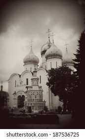Church in Trinity Sergius Lavra, Sergiev Posad, Russia. UNESCO World Heritage Site. Vintage style sepia photo. - Shutterstock ID 187536725