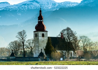 Church In Village Liptovske Matiasovce Of Slovakia At Spring Under High Mountains 